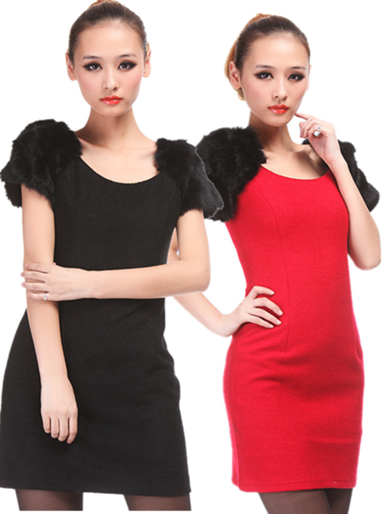 Autumn and Winter Short-sleeve Slim Patchwork Genuine Leather Rabbit Fur Woolen One-piece Dress Short Skirt Slim Waist