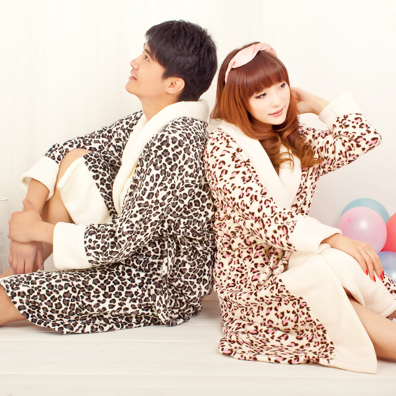 Autumn and winter sleepwear a35 coral fleece print leopard print lovers design robe lounge