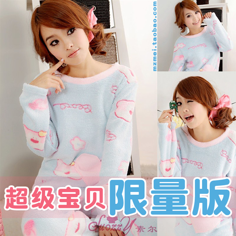 Autumn and winter sleepwear cartoon winter lounge Women long-sleeve pullover women's coral fleece sleepwear female set