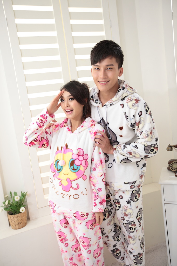 Autumn and winter sleepwear coral fleece thickening hiphop monkey lovers set at home service