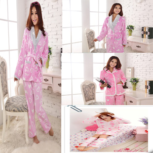 Autumn and winter sleepwear coral fleece thickening long-sleeve sleepwear female heart set sleepwear robe lounge