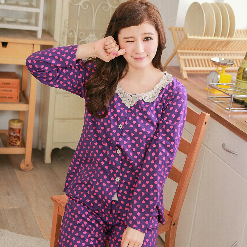 Autumn and winter sleepwear female 100% cotton long sleeve length pants lounge dot cartoon plus size sleepwear