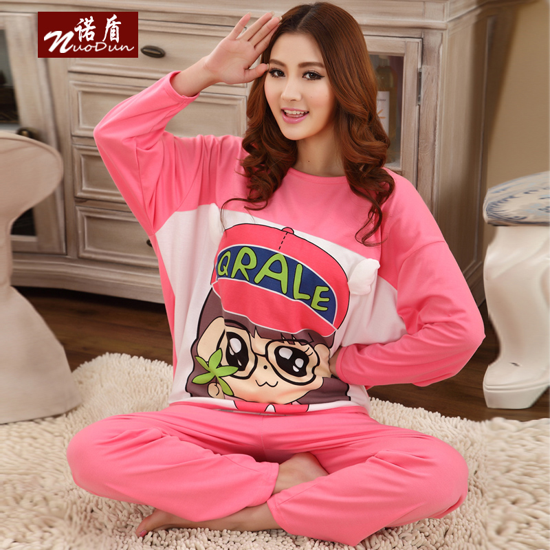 Autumn and winter sleepwear female 100% cotton long-sleeve lounge full cotton thickening set at home service thin knitted