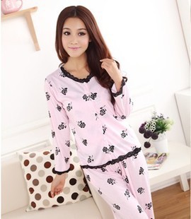 Autumn and winter sleepwear female 100% cotton long-sleeve rose sexy lace decoration piece set lounge