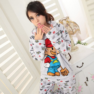 Autumn and winter sleepwear female 2 piece set cartoon thickening coral fleece long-sleeve sleepwear lounge set with a hood