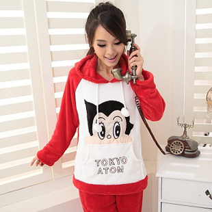 Autumn and winter sleepwear female cartoon casual thickening coral fleece long-sleeve sleepwear lounge set with a hood 2 piece