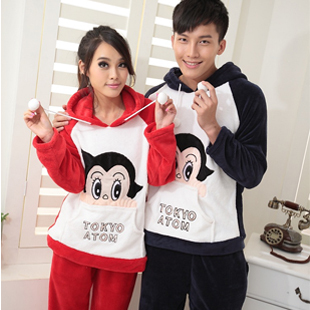 Autumn and winter sleepwear female lovers sleepwear male Women cartoon thickening coral fleece long-sleeve sleepwear lounge set