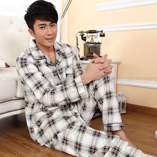 Autumn and winter sleepwear male quality male sleepwear plaid casual long-sleeve sleepwear lounge 2 piece set