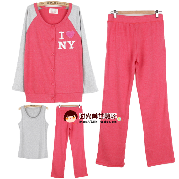 autumn and winter sleepwear sweet 100% cotton cardigan long-sleeve lovers lounge 3-piece set