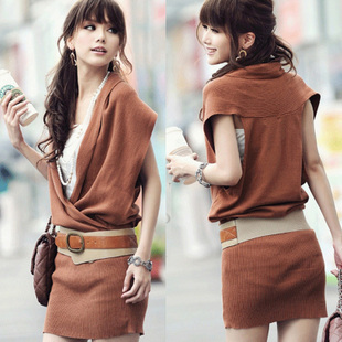 Autumn and winter sleeveless slim hip placketing V-neck knitted knit dress sweater autumn and winter sweater with belt