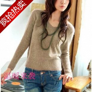 Autumn and winter slim pure rabbit fur V-neck sweater basic sweater