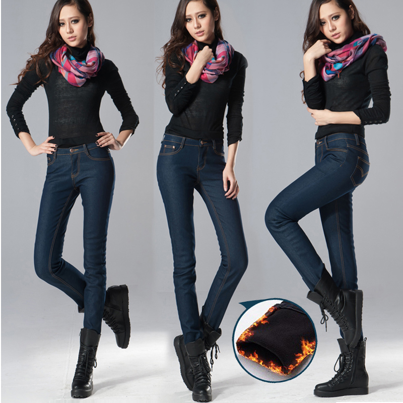 Autumn and winter slim thickening plus velvet elastic jeans female skinny pants trousers fluffy