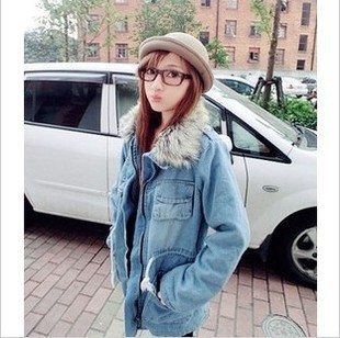 Autumn and winter slim waist slim fur collar thickening cotton overcoat denim cotton-padded jacket denim wadded jacket outerwear