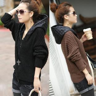 Autumn and winter solid color elegant brief type hooded long-sleeve knitted zipper-up short sweater outerwear women's