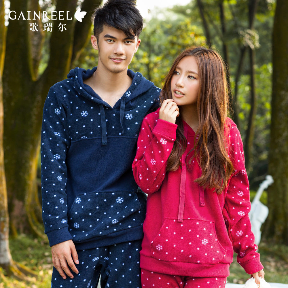 Autumn and winter song riel flower polar fleece fabric male women's at home service set lovers red sleepwear