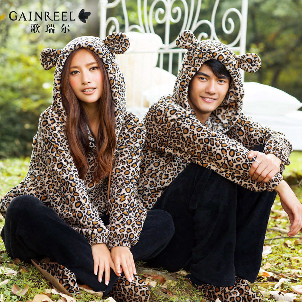 Autumn and winter song riel interdiffused coral fleece thickening men and women sleepwear sexy leopard print lovers lounge set