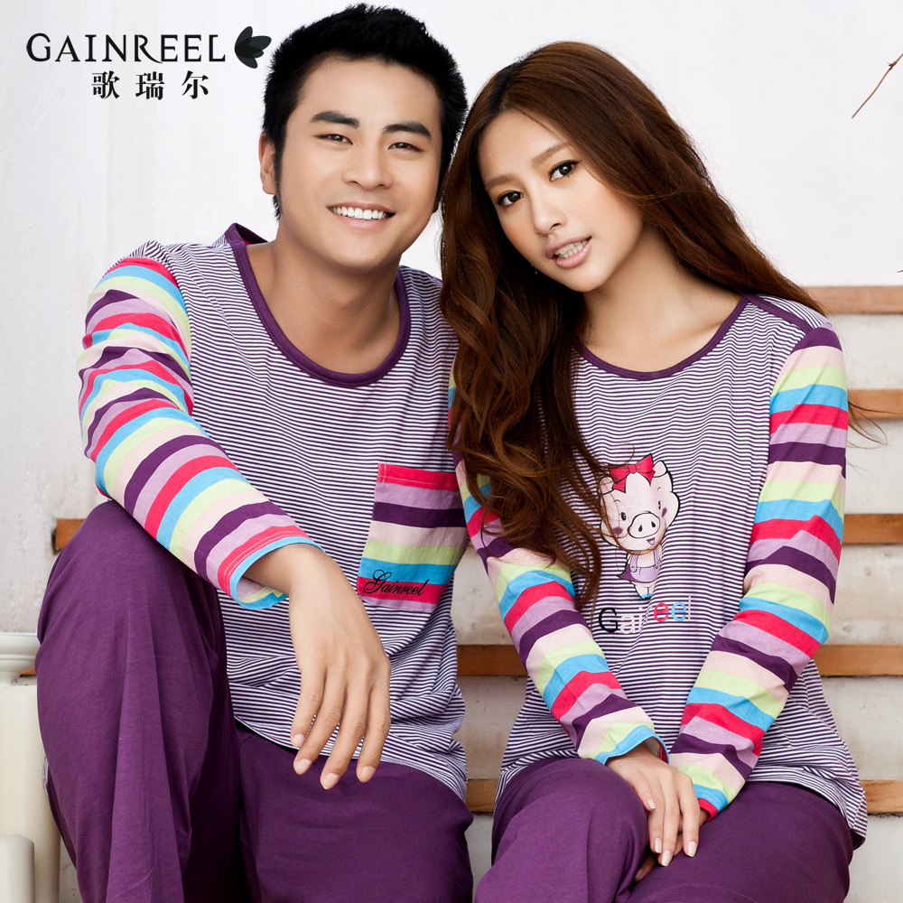 Autumn and winter song riel o-neck stripe 100% cotton sleepwear cartoon lovers long-sleeve lounge set