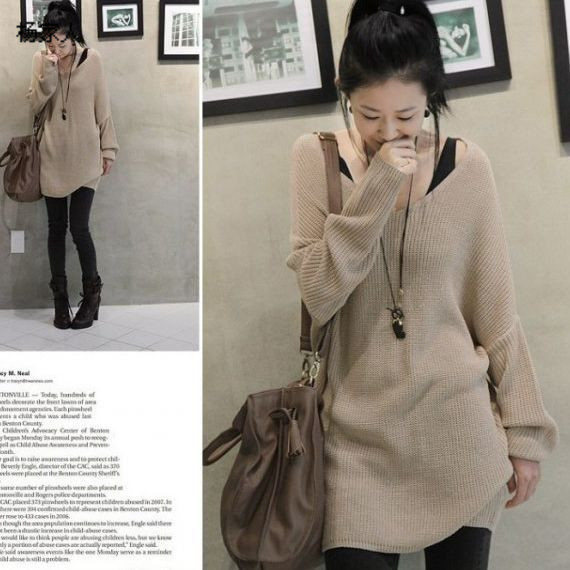 Autumn and winter star plain V-neck long sleeve length loose plus size knitted pullover thickening sweater black apricot