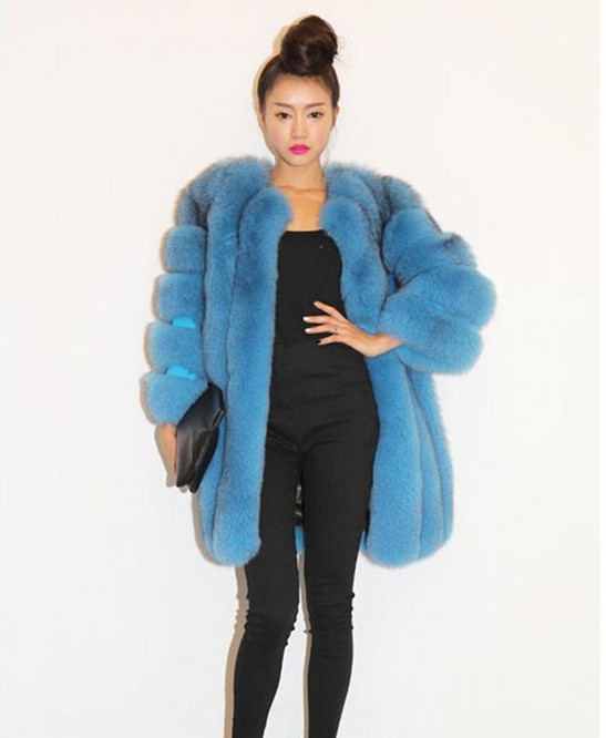 Autumn and winter star style blue long design full leather fox fur coat