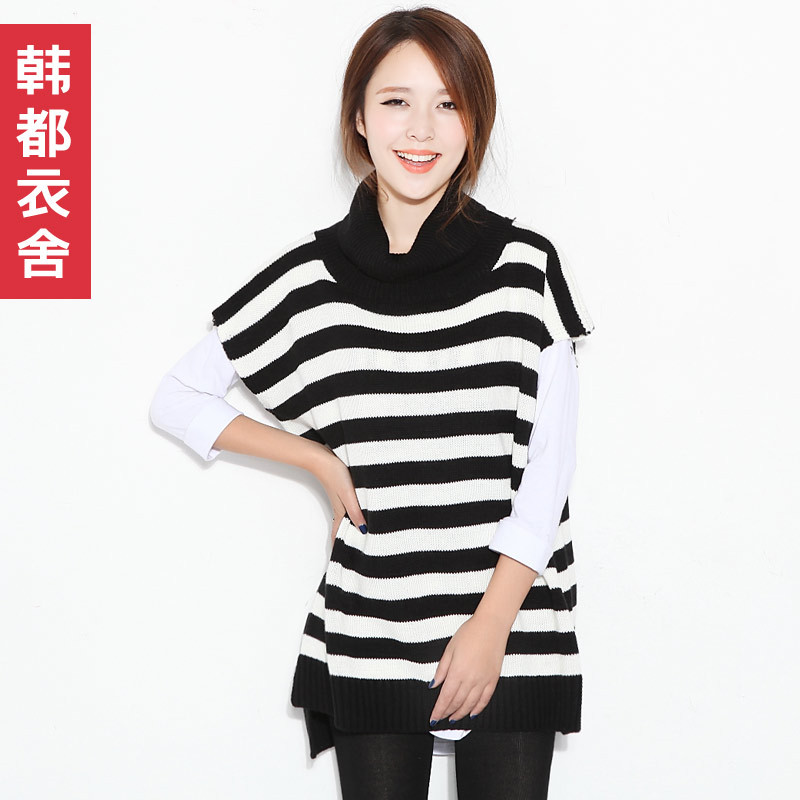 Autumn and winter summer fashion women's pullover stripe loose wool turtleneck sweater black clothes