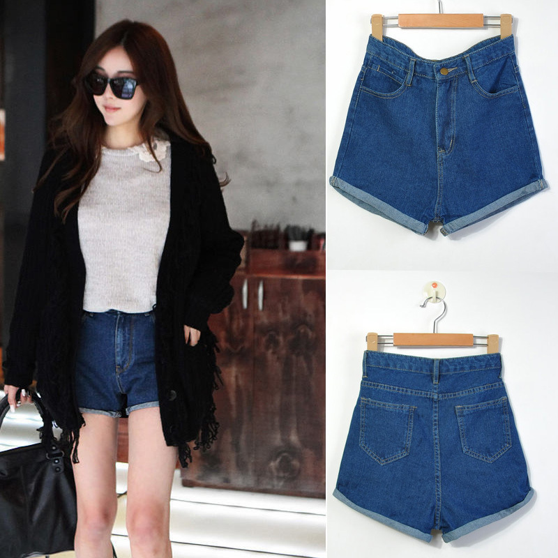 Autumn and winter summer female vivi fashion vintage high waist roll-up hem denim shorts woman jeans Free Shipping