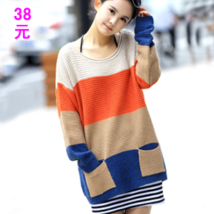 Autumn and winter sweater outerwear sweater women patchwork stripe loose pocket batwing shirt basic shirt