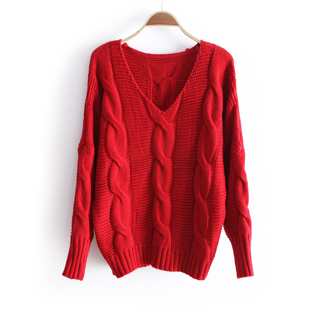 Autumn and winter sweater red loose thickening V-neck  vintage batwing sleeve sweater women's pullover-1 piece Free shipping