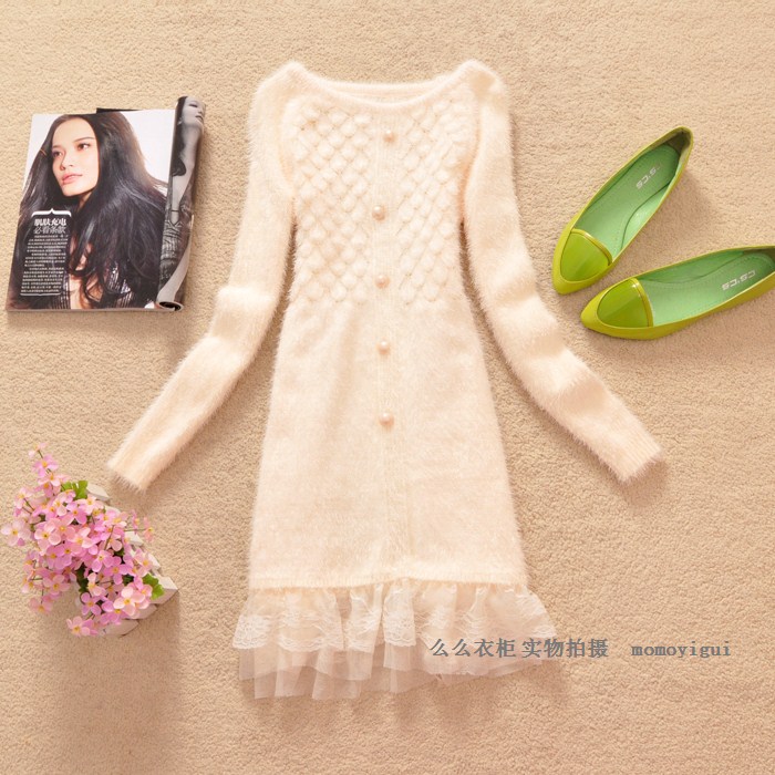 Autumn and winter sweet knitted one-piece dress sweater dress mohair lace long-sleeve dress princess dress (WC001)