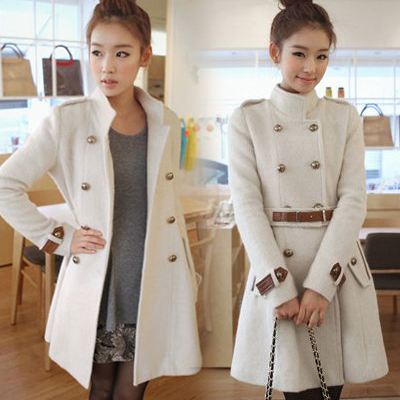 Autumn and winter the trend of fashion leather decoration double breasted stand collar slim woolen overcoat female