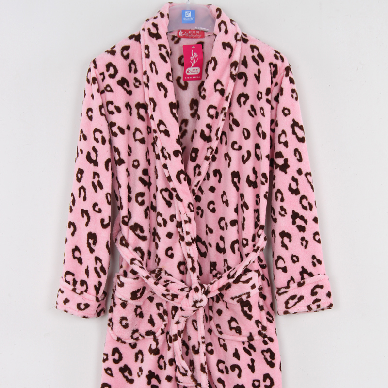 Autumn and winter thermal leopard print Women sleepwear women's medium-long thick lounge robe bathrobes