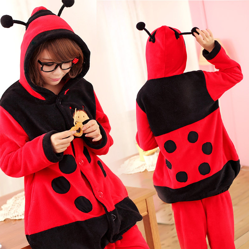 Autumn and winter thick women's coral fleece with a hood sleep set cartoon ladybug women's coral fleece home