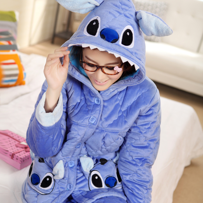 Autumn and winter thickening cartoon cotton-padded sleep set women's long-sleeve stitch lounge