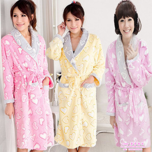 Autumn and winter thickening coral fleece robe sexy sleepwear lounge female bathrobe 100% cotton heart bathrobe