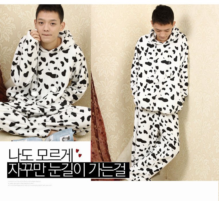 Autumn and winter thickening coral fleece sleepwear lovers set cow sleepwear with a hood cow sleepwear