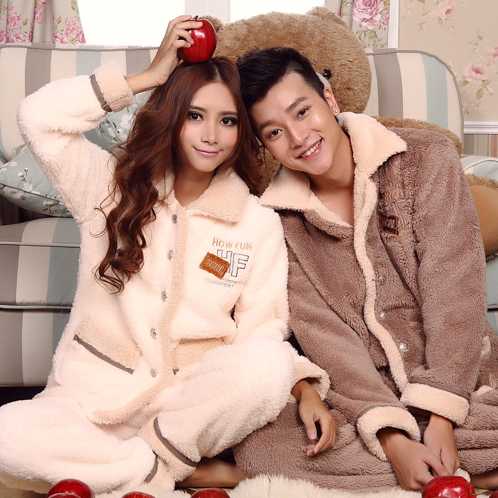 Autumn and winter thickening coral fleece sleepwear women's male long sleeve length goatswool lovers sleepwear lounge