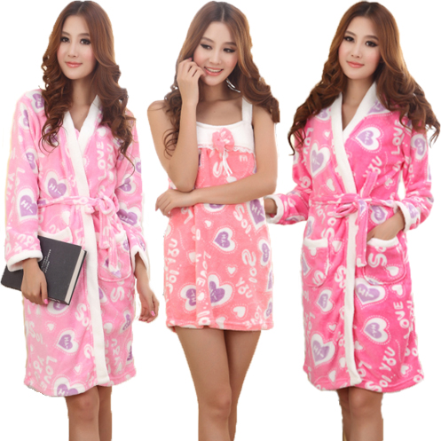 Autumn and winter thickening coral shaped love female fleece sleepwear spaghetti strap nightgown robe twinset lounge set