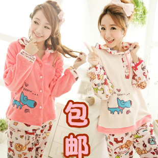 Autumn and winter thickening flannel coral fleece sleepwear women's long-sleeve cartoon lounge set