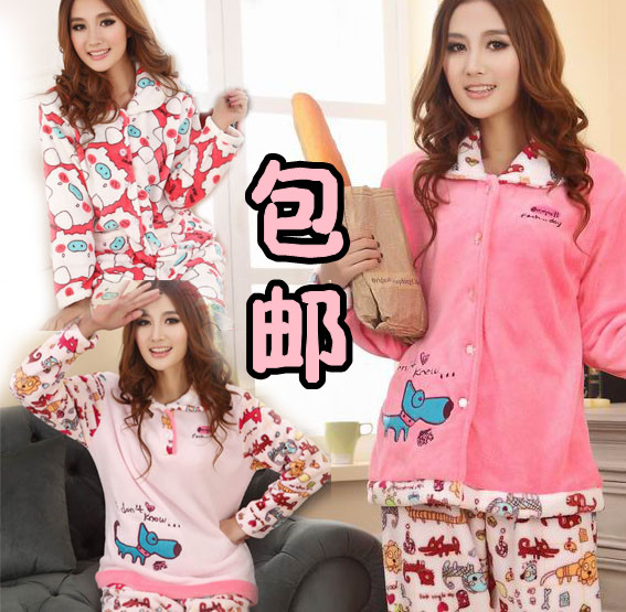 Autumn and winter thickening flannel coral fleece sleepwear women's long-sleeve cartoon pig lounge set