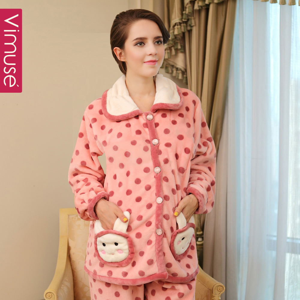 Autumn and winter thickening flannel lounge cartoon Women coral fleece sleep set