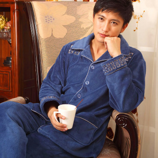 Autumn and winter thickening thermal male coral fleece lounge navy blue personalized long-sleeve casual set sleepwear