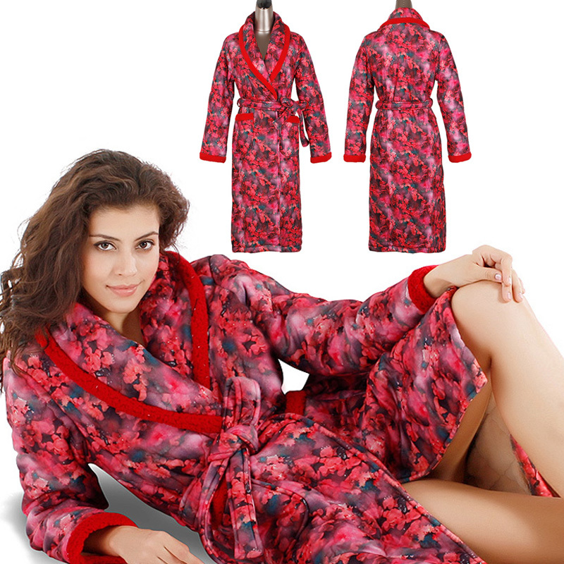 Autumn and winter thickening thermal sleepwear long-sleeve coral fleece cotton-padded robe lounge