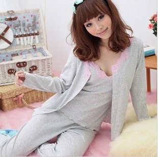 Autumn and winter three-piece set of underwear and underpants knitted 100% cotton solid color V-neck lace decoration sexy