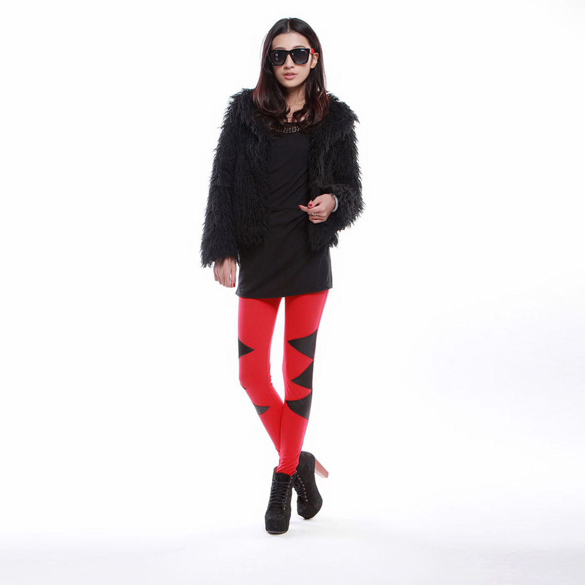 Autumn and winter trigonometric symmetrical faux leather patchwork legging female legging autumn