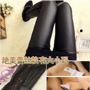 Autumn and winter velvet faux leather pants thickening pants fashion lace slim plus size legging trousers patchwork