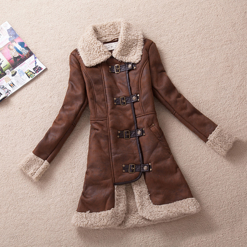 autumn and winter vintage berber fleece fur one piece suede fabric Women medium-long leather clothing trench wadded jacket