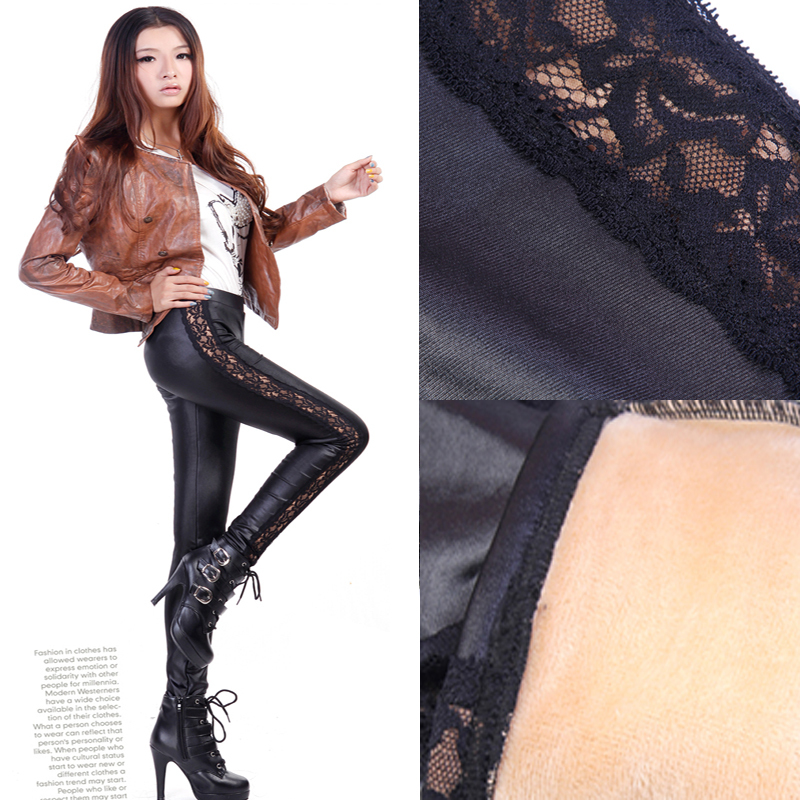 Autumn and winter warm pants women's faux leather meat lace velvet slim legging