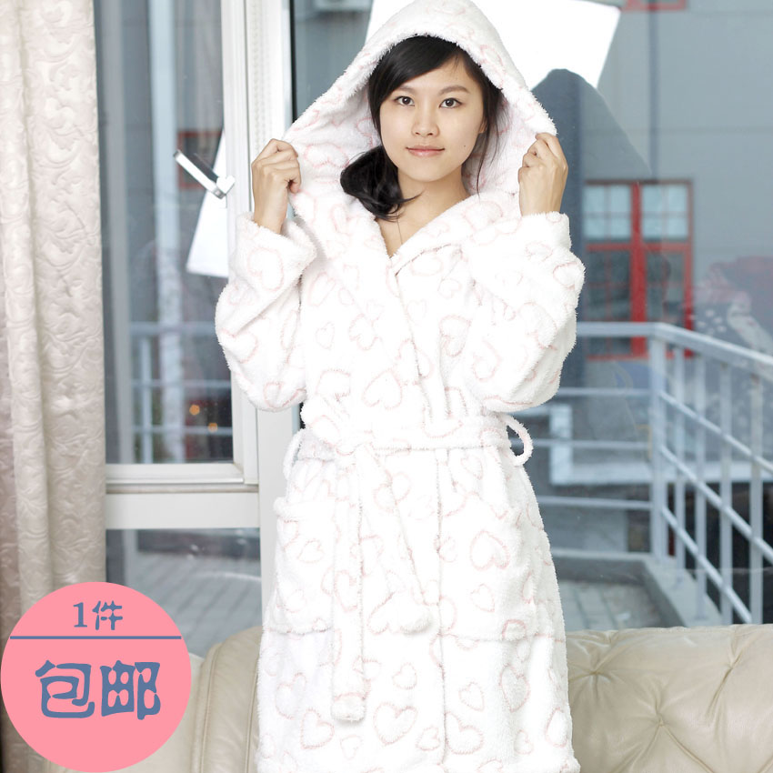 Autumn and winter white powder coral fleece with a hood lacing long design female lounge robe sleepwear