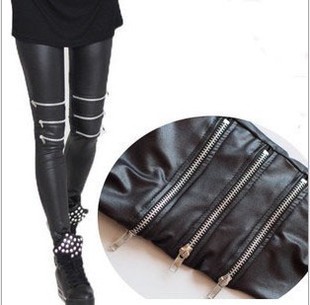 Autumn and winter wild matte leather-pants knee three zipper leggings pantyhose leggings open laugh