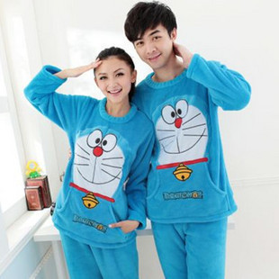 Autumn and winter with a hood coral fleece lovers cartoon male sleepwear 100% cotton long-sleeve set lounge