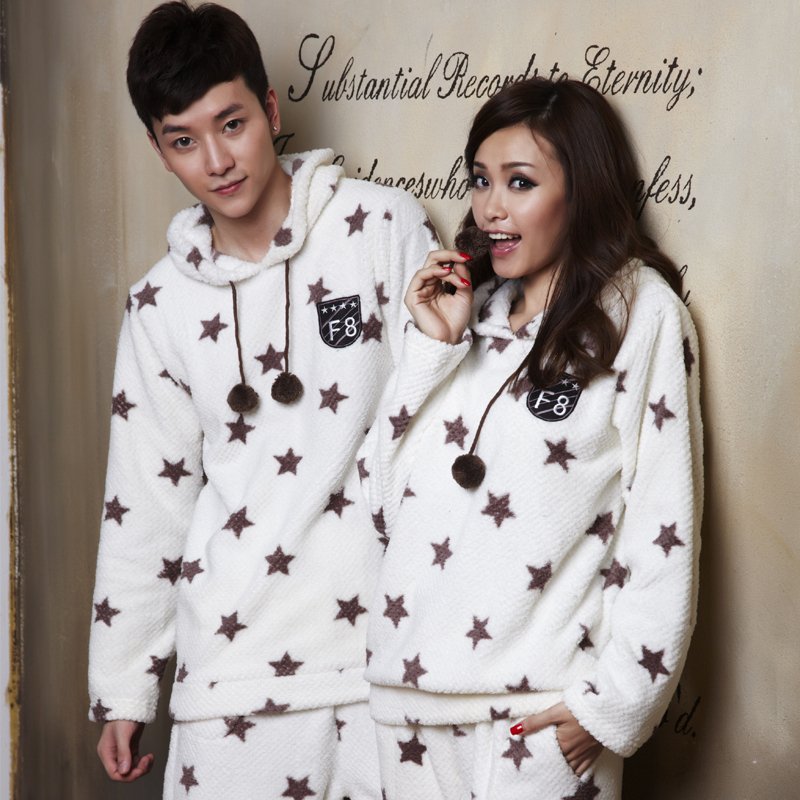 Autumn and winter with a hood five-pointed star coral fleece lovers sleep set male women's coral fleece lounge